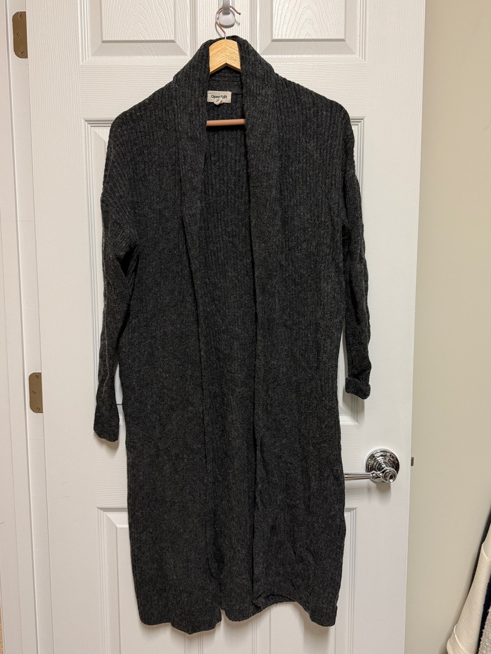 Open Edit Cozy Cotton Blend Long Open-Front Charcoal Gray Cardigan Sweater